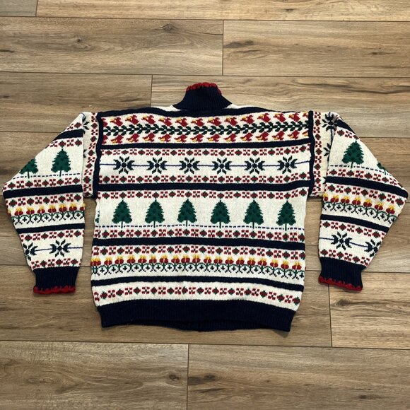 Christmas Cardigan Sweater SZ Large Fair Isle Holiday Trees 100% Wool Collared - Picture 11 of 13